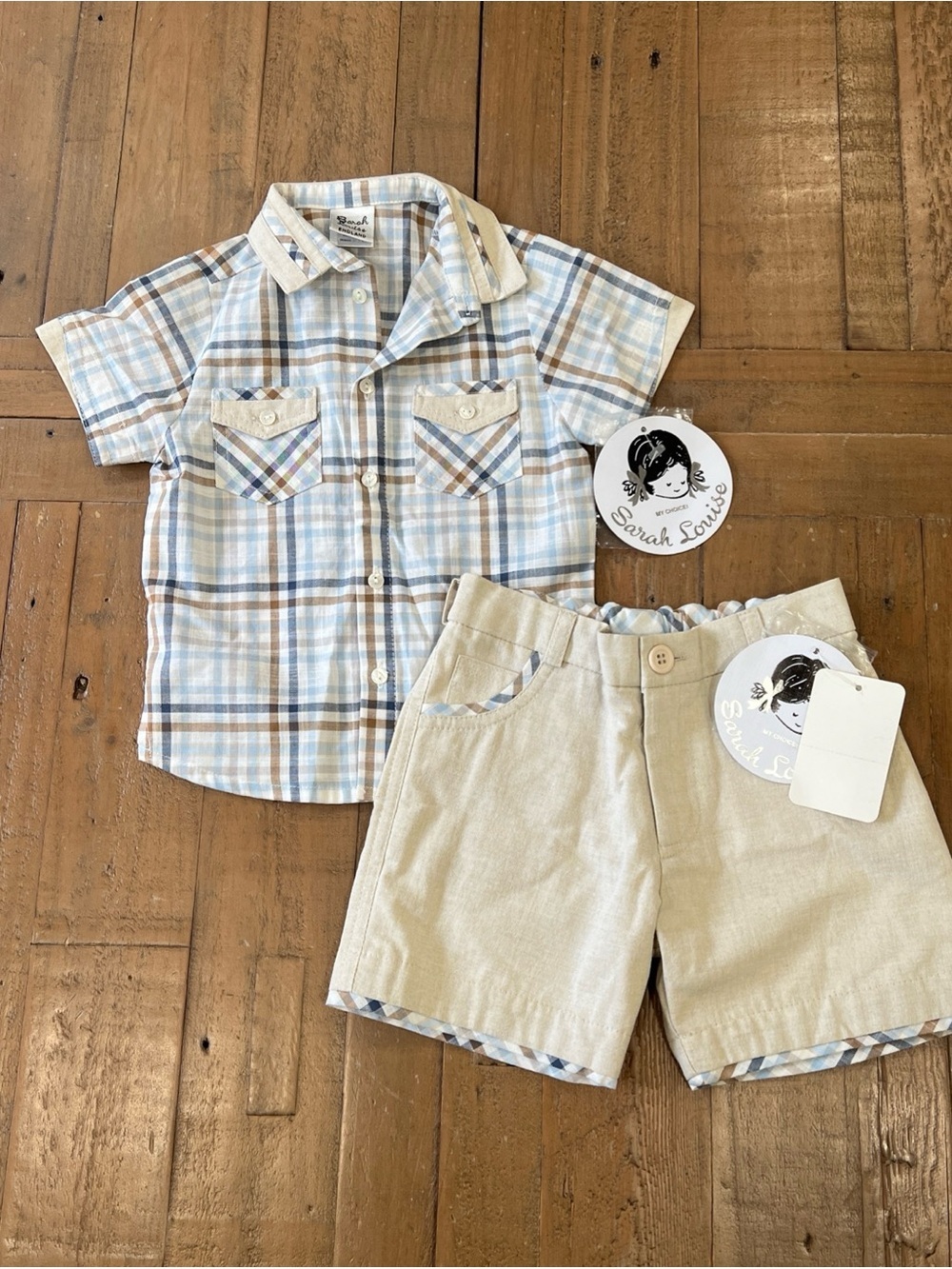Sarah Louise Plaid Shirt And Khaki Shorts Matching Set Boys 12 Months Blue